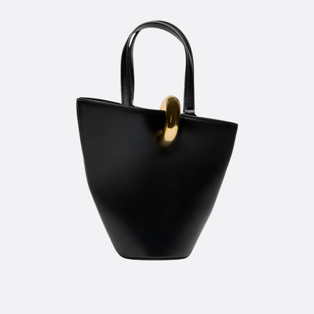 Bucket Tote Bag in Black Smooth Leather with Sculptural Ring, image 4