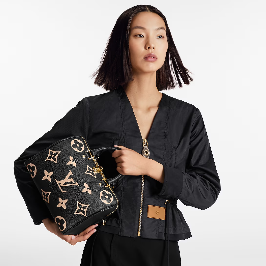 Top Handle Bag in Black Grained Leather with Beige Floral Print, image 2