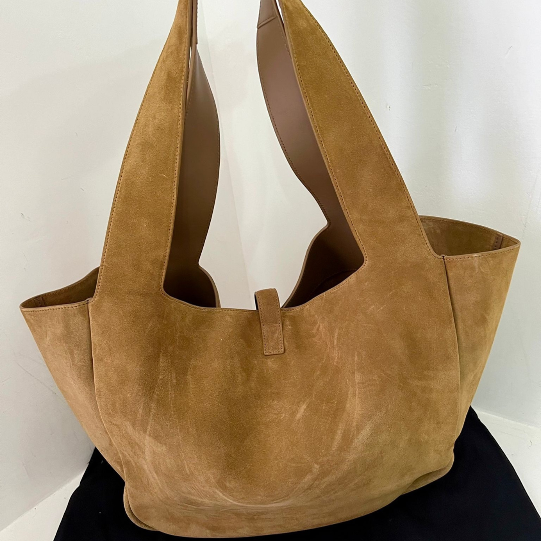 Shoulder Tote Bag in Tan Suede with Gold Closure, image 7
