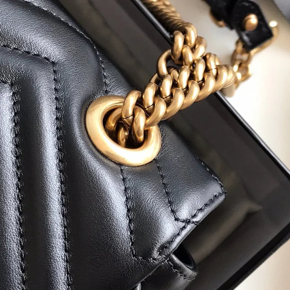 Shoulder Bag in Black Chevron Quilted Leather with Gold Chain, image 8