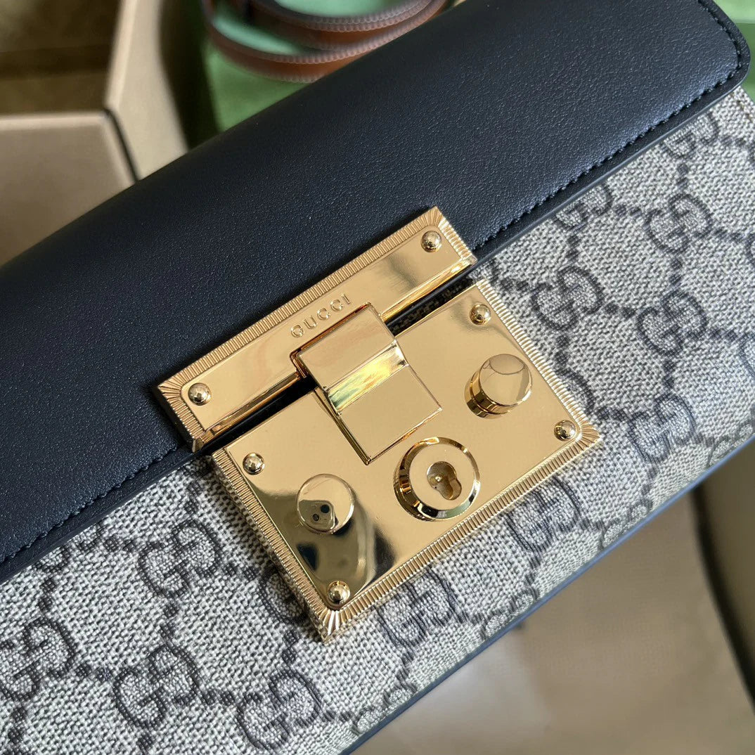 Chain Shoulder Bag in Black Leather and Canvas with Padlock, image 8