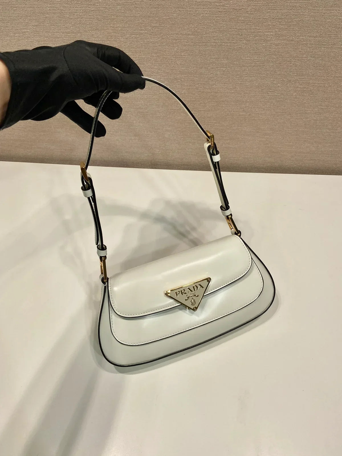 Curved Flap Shoulder Bag in White Leather with Black Edging, image 3