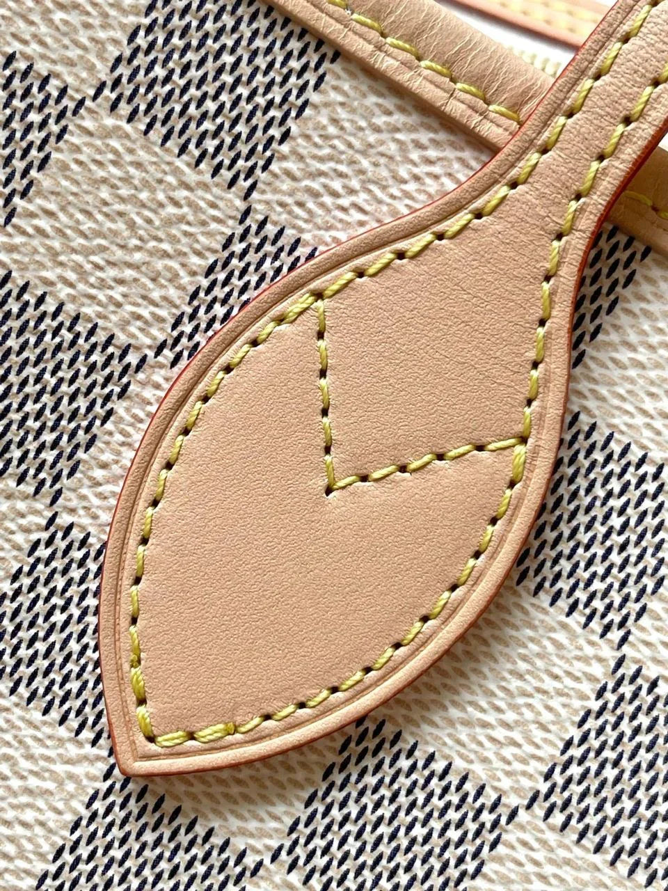 Large Open Tote in Cream Checkered Canvas with Tan Trim, image 8