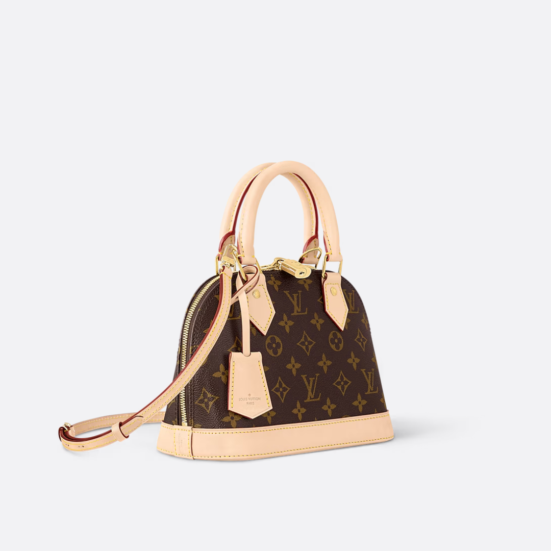 Dome Top Handle Bag in Brown Printed Canvas with Strap, image 5