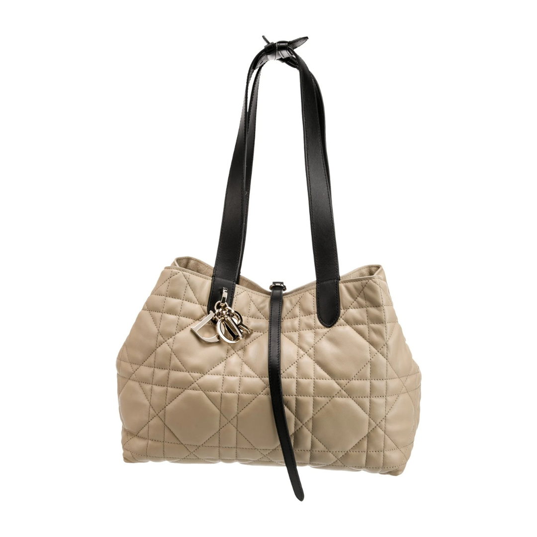 Small Tote Bag in Beige Quilted Leather with Black Handles, image 5