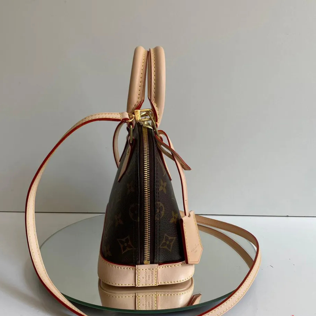 Dome Top Handle Bag in Brown Printed Canvas with Strap, image 10