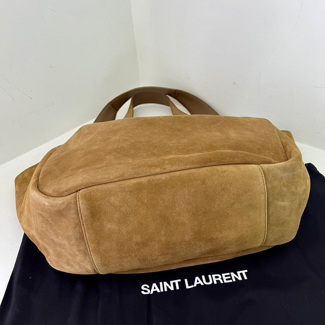 Shoulder Tote Bag in Tan Suede with Gold Closure, image 8