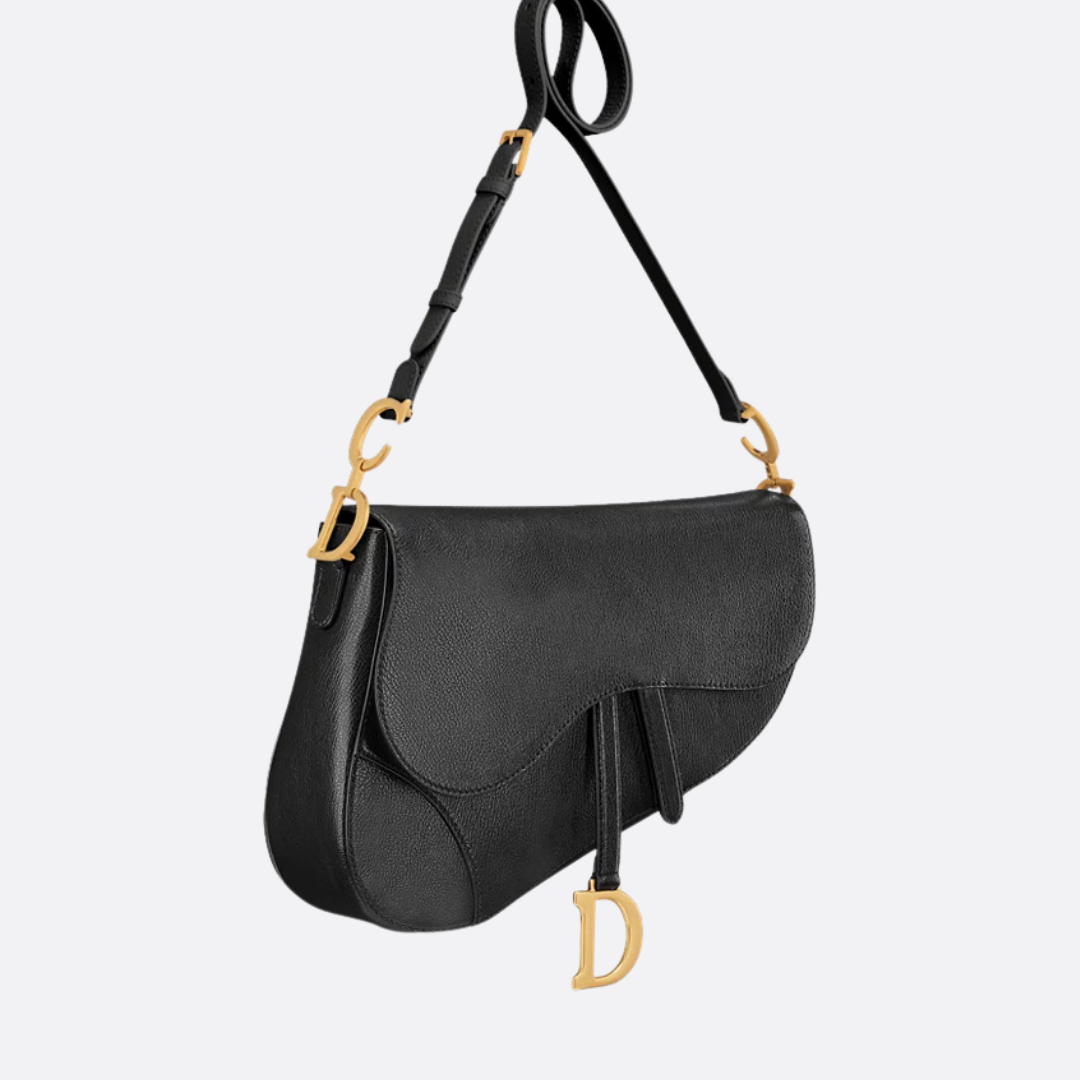Saddle Shoulder Bag in Black Grained Leather with Flap, image 6
