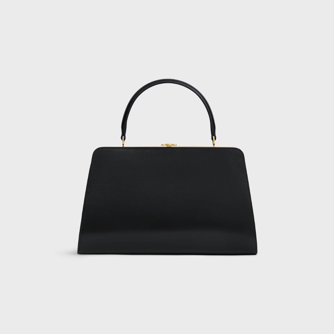 Top Handle Bag in Black Satin Finish with Gold Frame Clasp, image 4