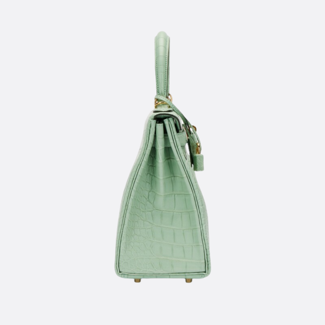 HMÈ Kelly 28 – Matte Alligator Leather Vert D’eau (reversed Stitches)