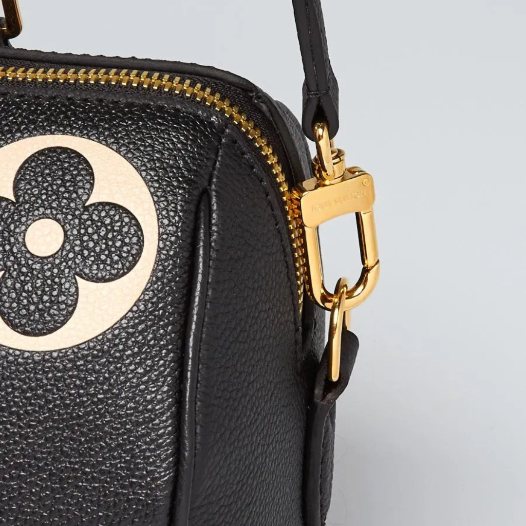 Top Handle Bag in Black Grained Leather with Beige Floral Print, image 6