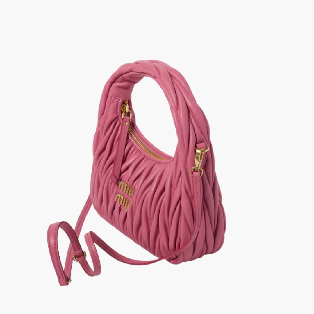 Mini Hobo Bag in Pink Ruched Nappa Leather with Zip Top, image 8