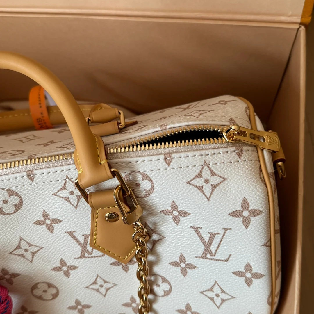 Top Handle Bag in Cream Printed Canvas with Pink Knot Charm, image 4