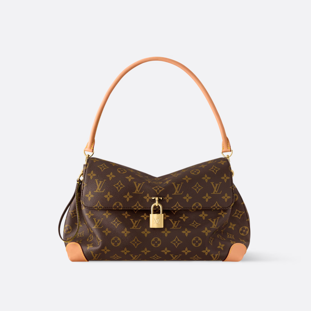 Shoulder Bag in Brown Printed Canvas with Gold Padlock