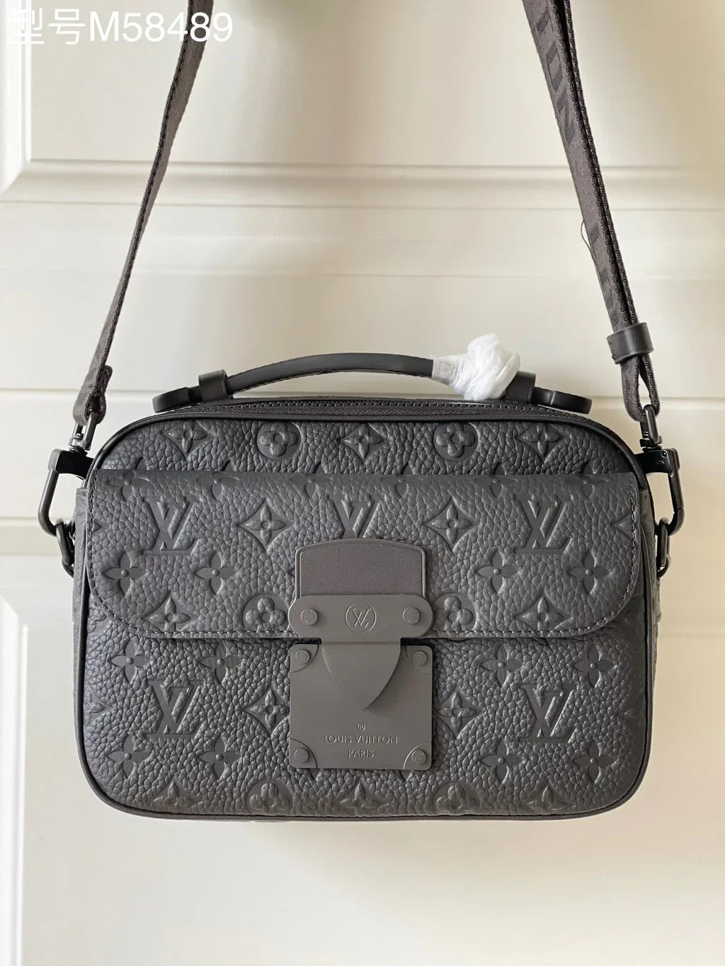 Boxy Crossbody Bag in Gray Embossed Leather with Top Handle