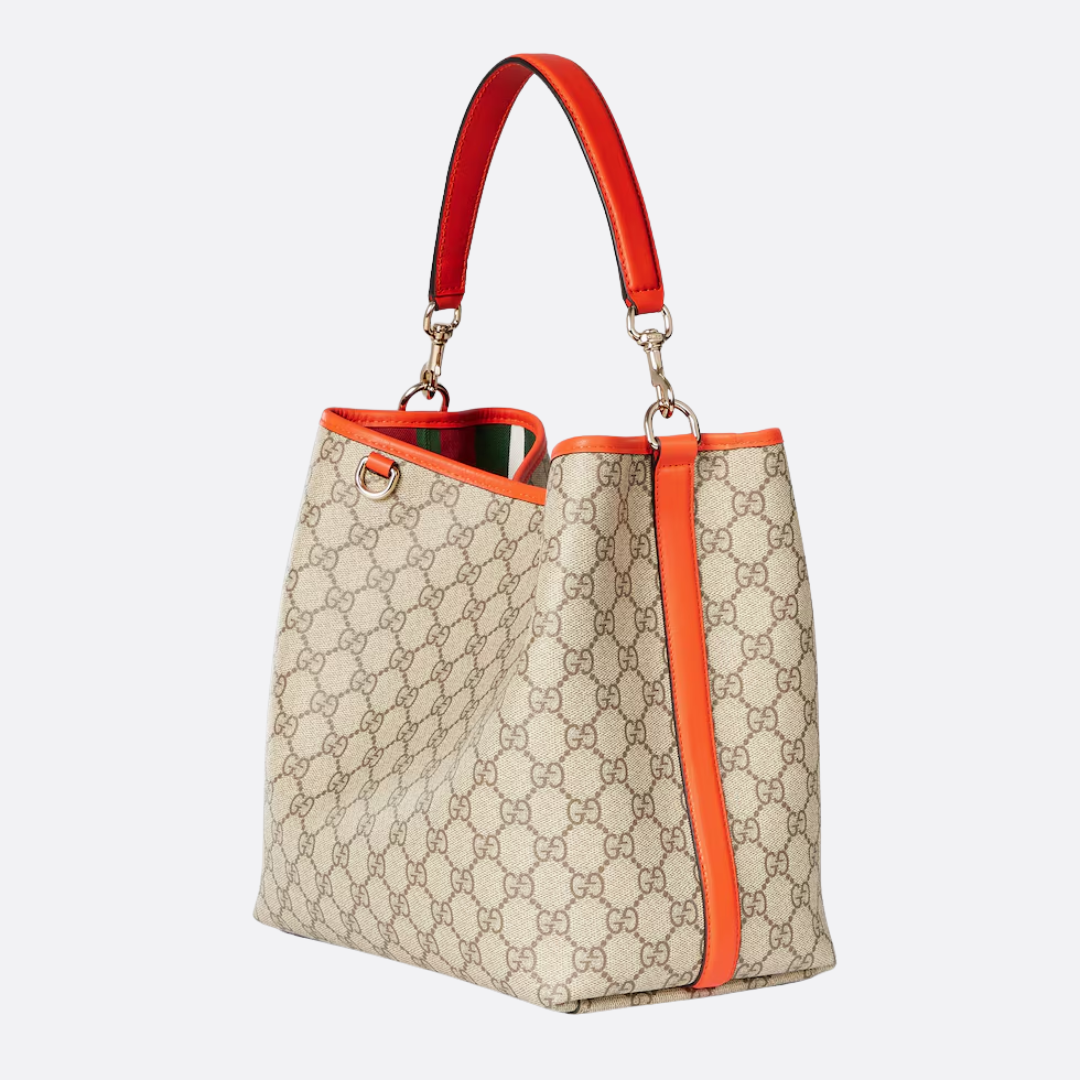 Hobo Bag in Beige Coated Canvas with Orange Trim, image 9