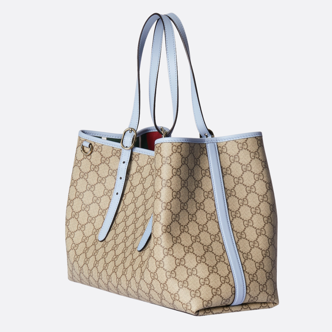 Large Tote Bag in Beige Coated Canvas with Pale Blue Trim, image 5