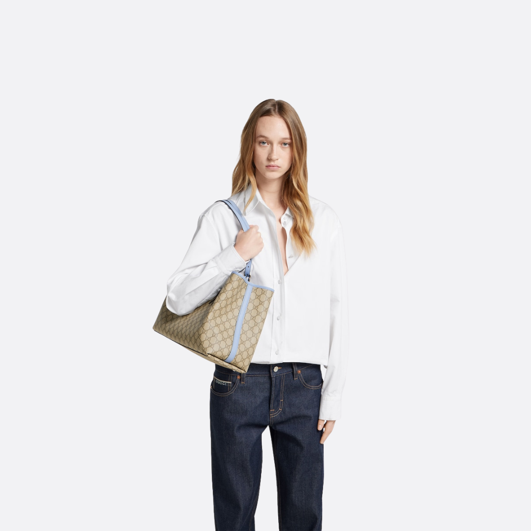 Large Tote Bag in Beige Coated Canvas with Pale Blue Trim, image 6