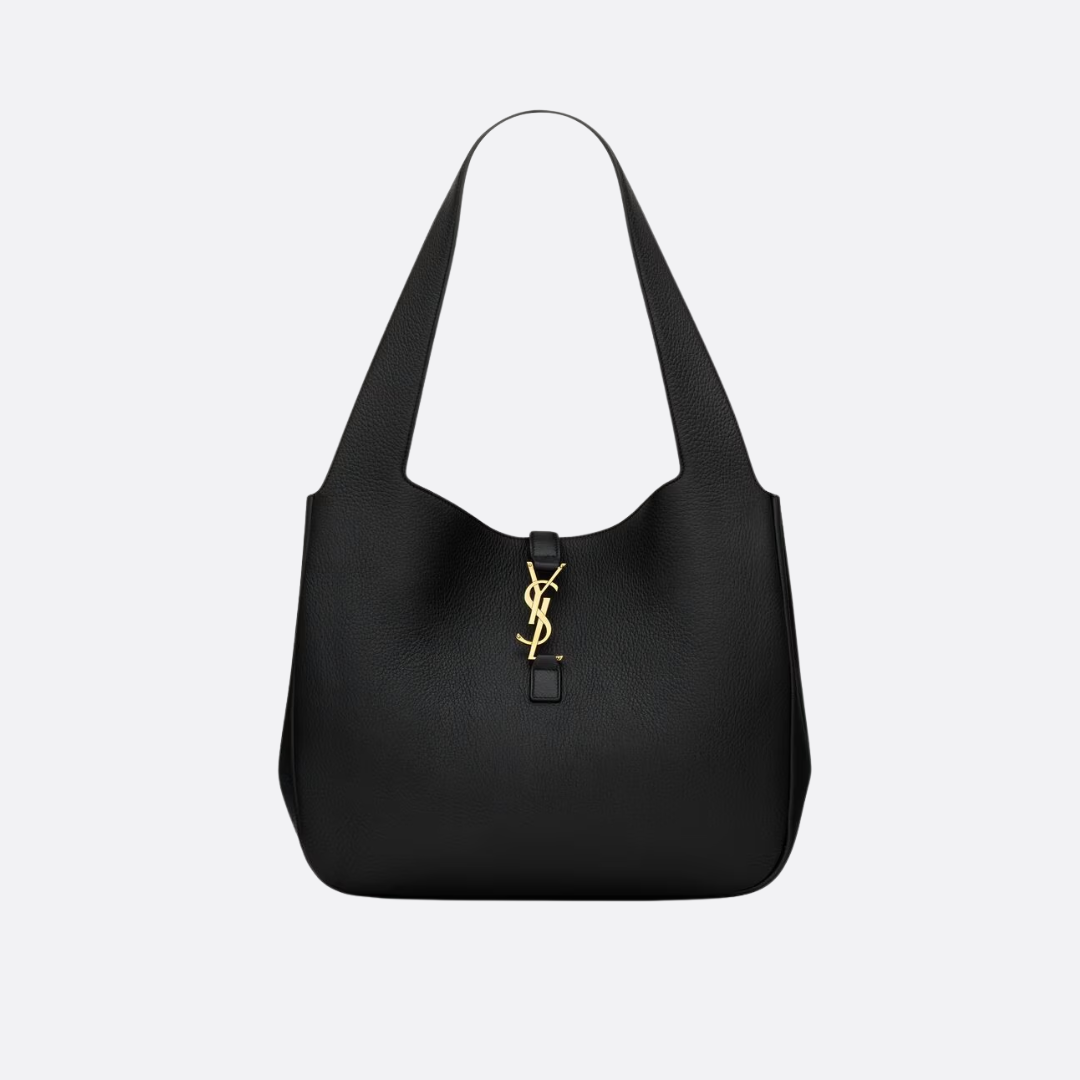 Shoulder Tote Bag in Black Grained Leather with Gold Closure, image 4