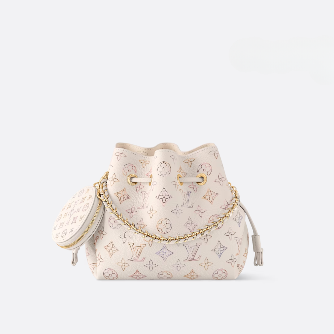 Bucket Bag in Cream Printed Leather with Chain and Round Pouch