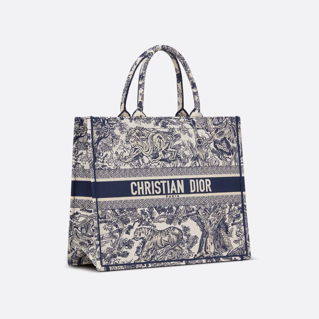 Large Tote Bag in Navy and Cream Embroidered Canvas