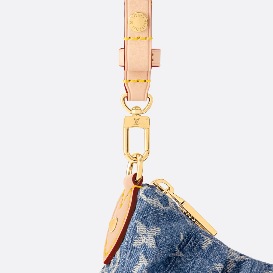 Gathered Hobo Bag in Blue Washed Denim with Gold Zip, image 2