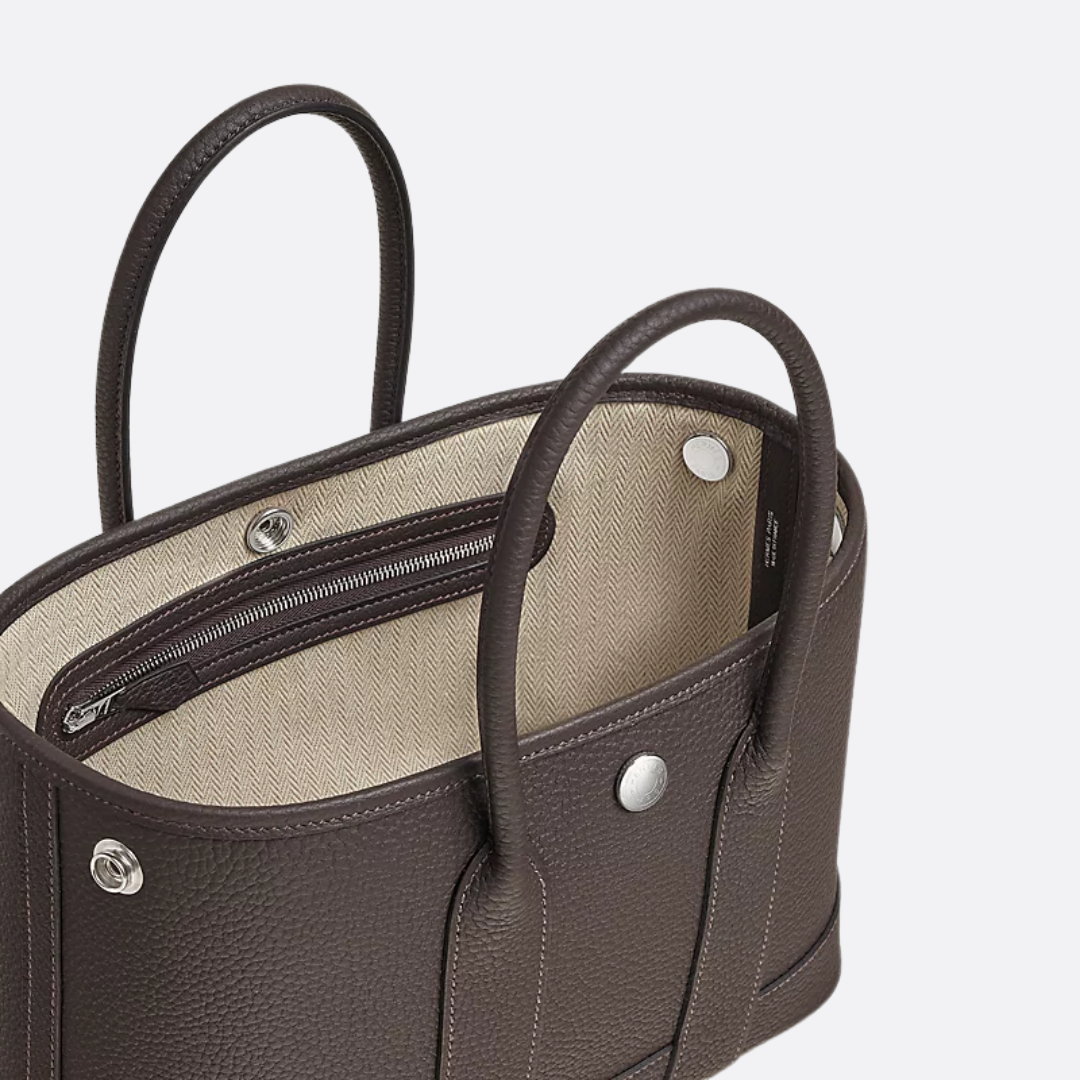 Small Tote Bag in Dark Brown Pebbled Leather with Rolled Handles, image 8