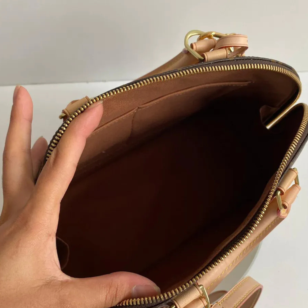 Dome Top Handle Bag in Brown Printed Canvas with Strap, image 4