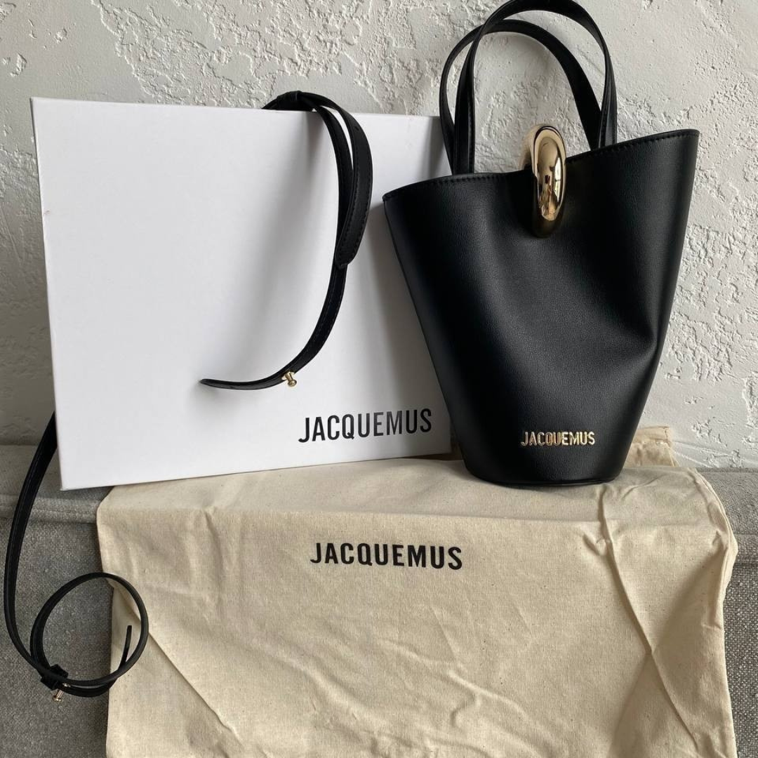 Bucket Tote Bag in Black Smooth Leather with Sculptural Ring, image 3