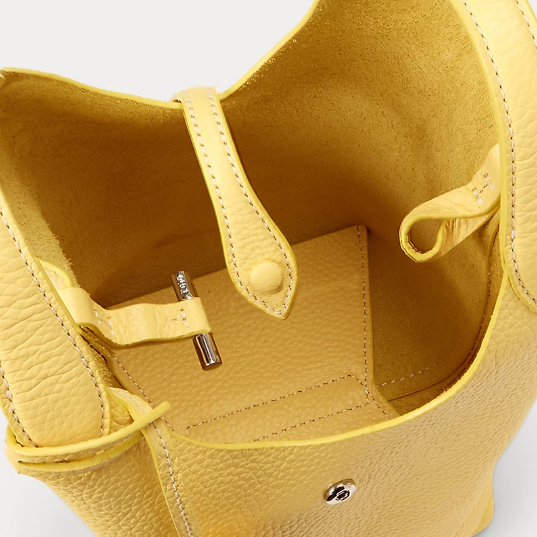 Small Bucket Tote Bag in Grained Leather with Tab Closure, image 17