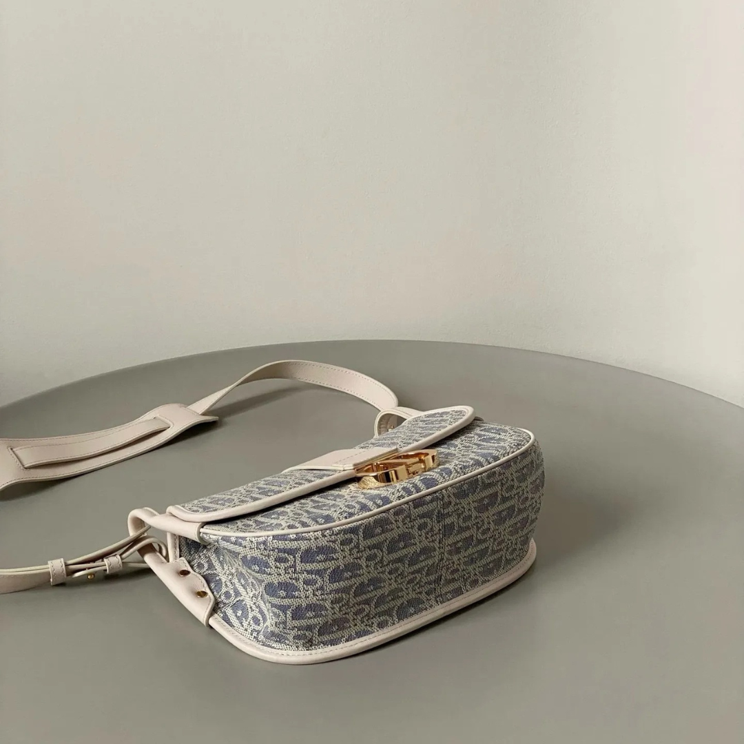 Half-Moon Shoulder Bag in Blue Jacquard with Cream Trim, image 7