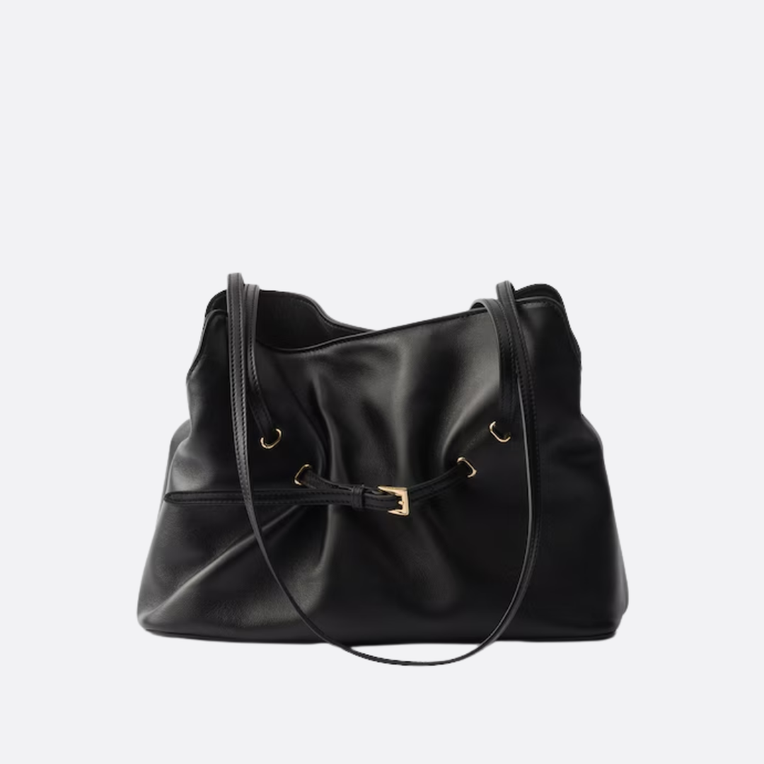 Gathered Shoulder Bag in Black Smooth Leather with Buckle, image 4
