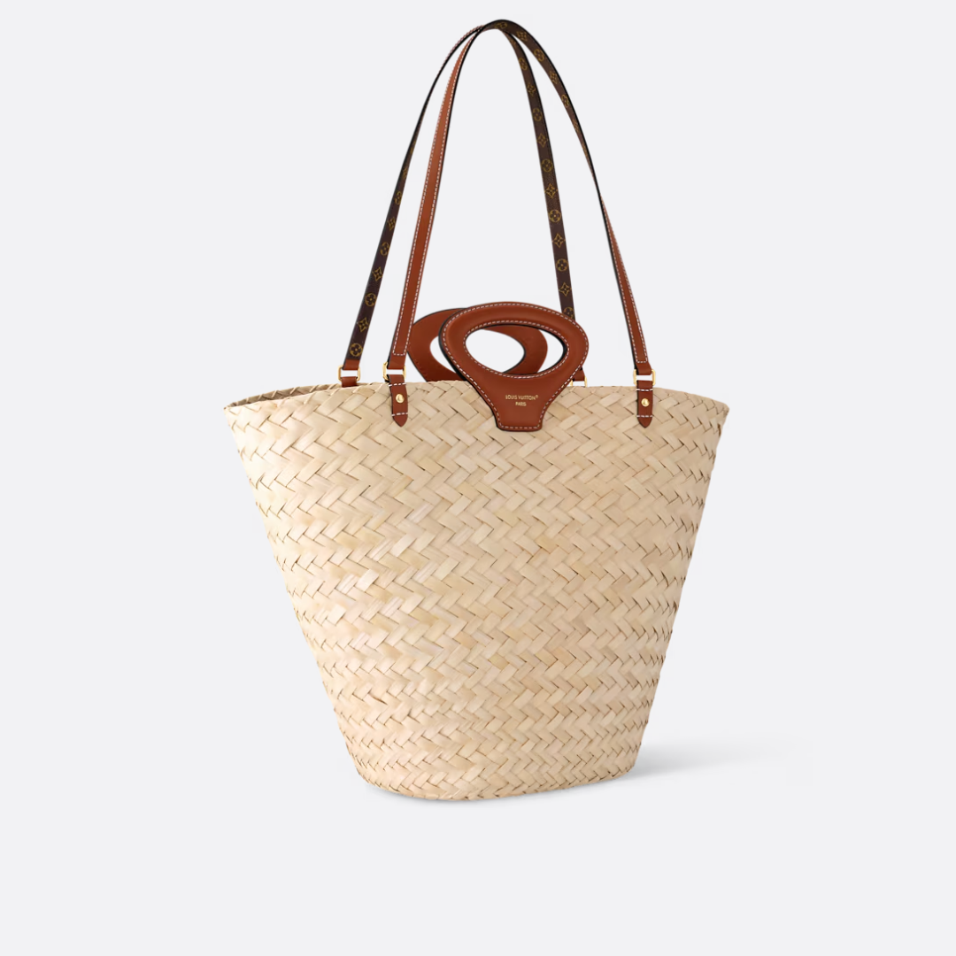 Woven Palm Basket Tote Bag with Tan Leather Handle, image 5