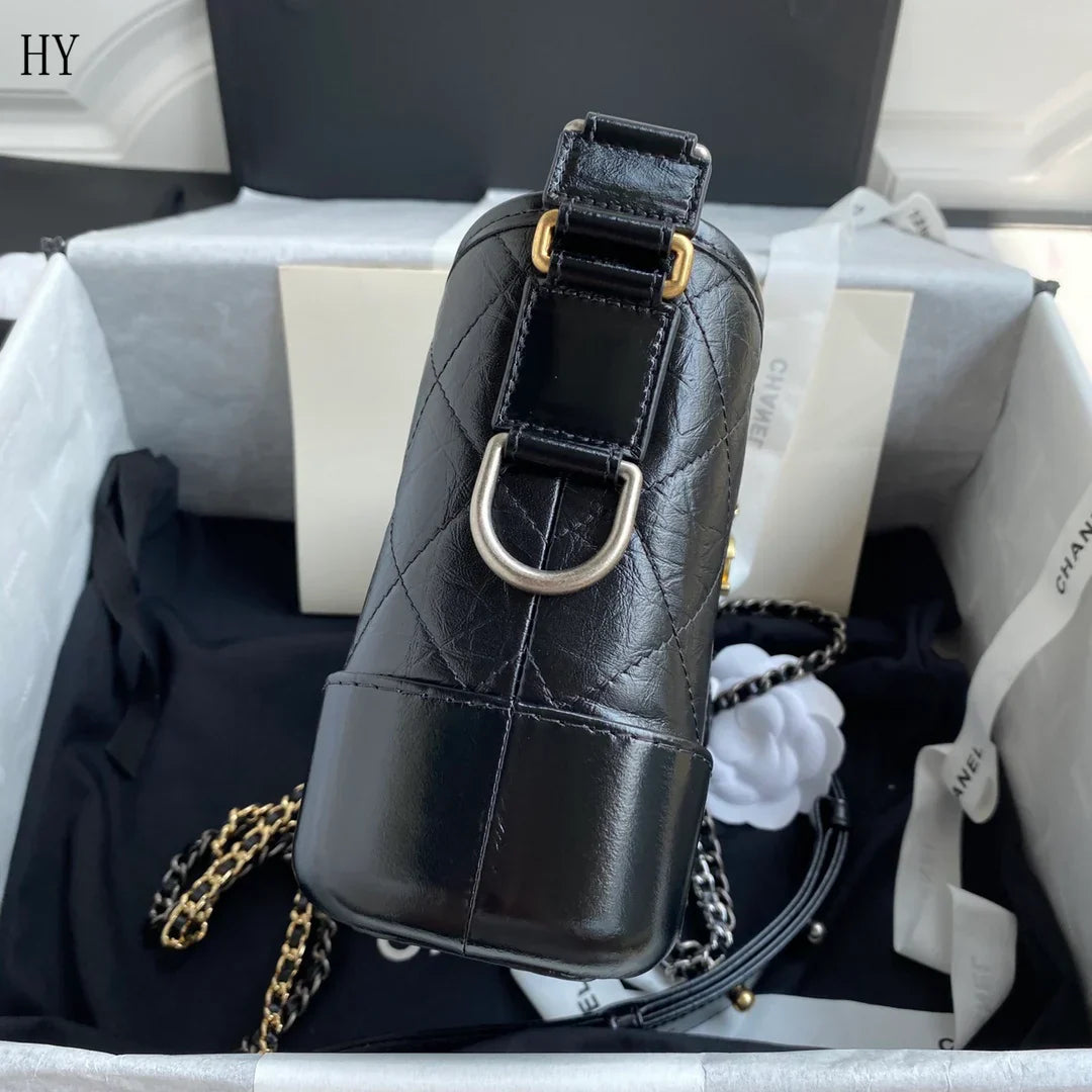 Hobo Bag in Black Aged Quilted Leather with Two-Tone Chain, image 8