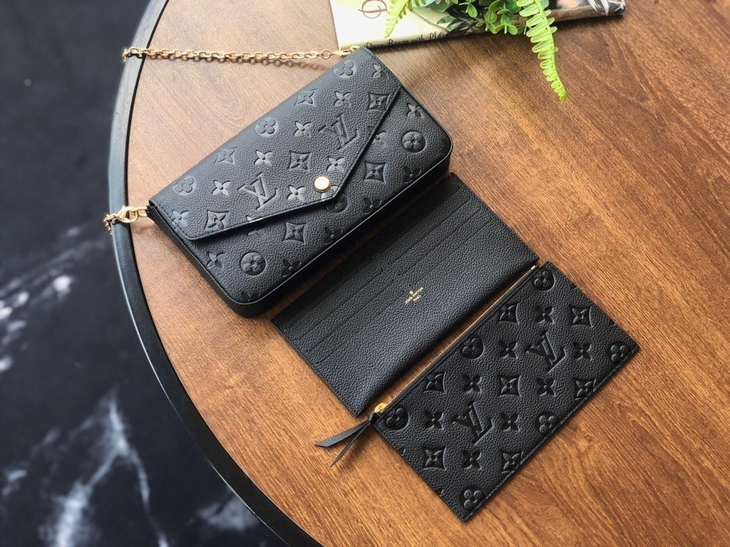 Flat Crossbody Clutch in Black Embossed Leather with Gold Chain, image 3