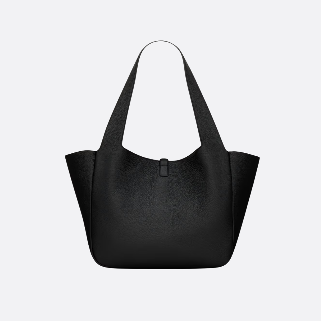 Shoulder Tote Bag in Black Grained Leather with Gold Closure, image 5