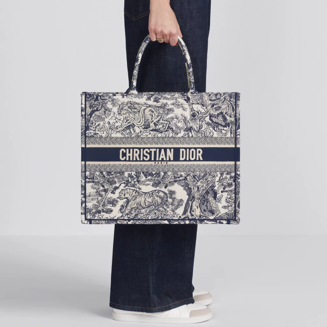 Large Tote Bag in Navy and Cream Embroidered Canvas, image 2