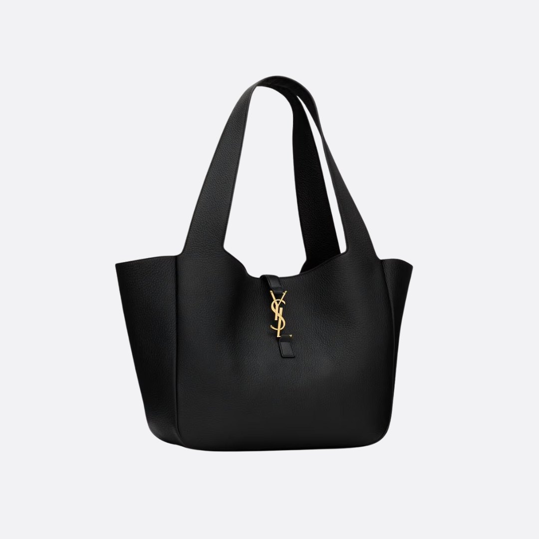 Shoulder Tote Bag in Black Grained Leather with Gold Closure, image 7