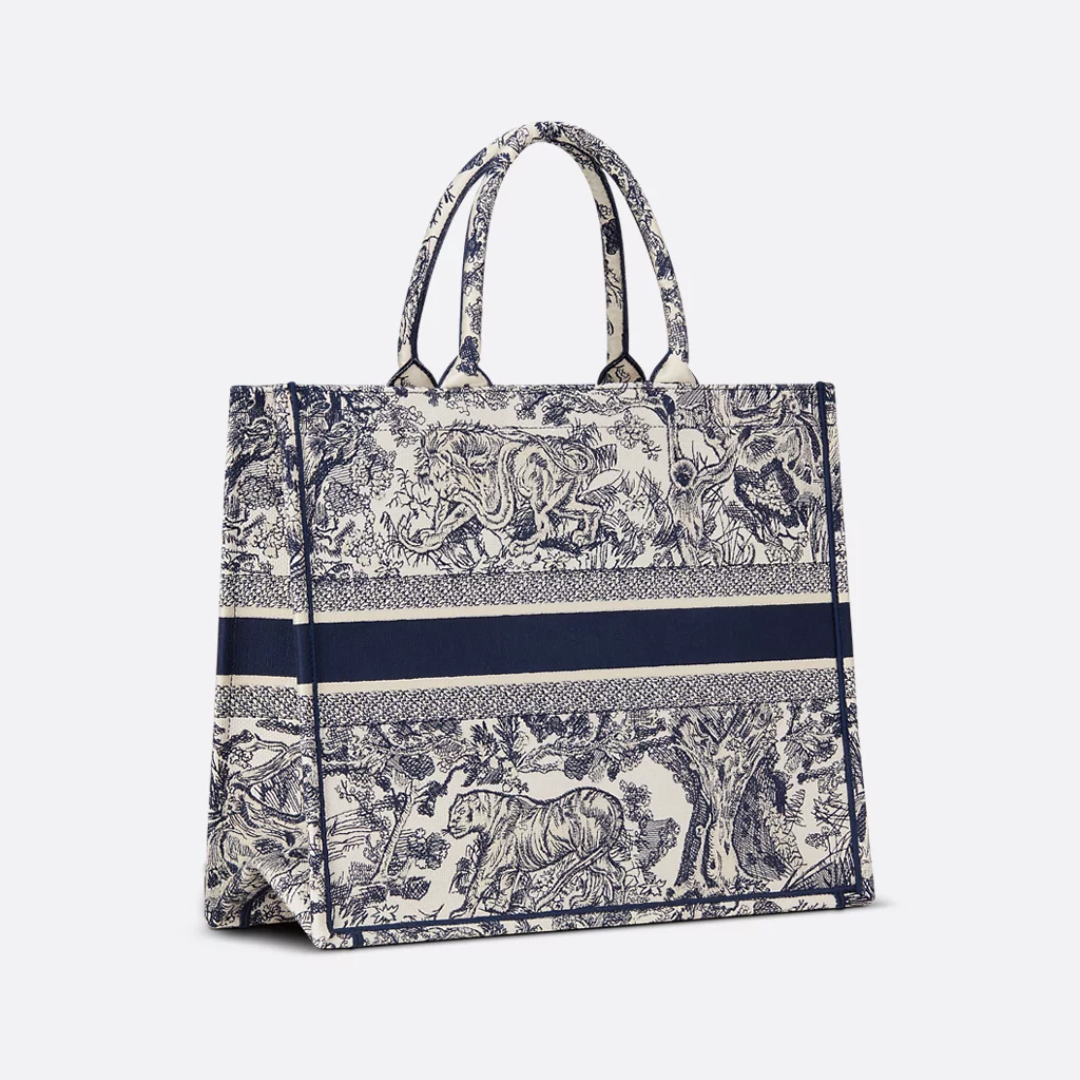 Large Tote Bag in Navy and Cream Embroidered Canvas, image 6