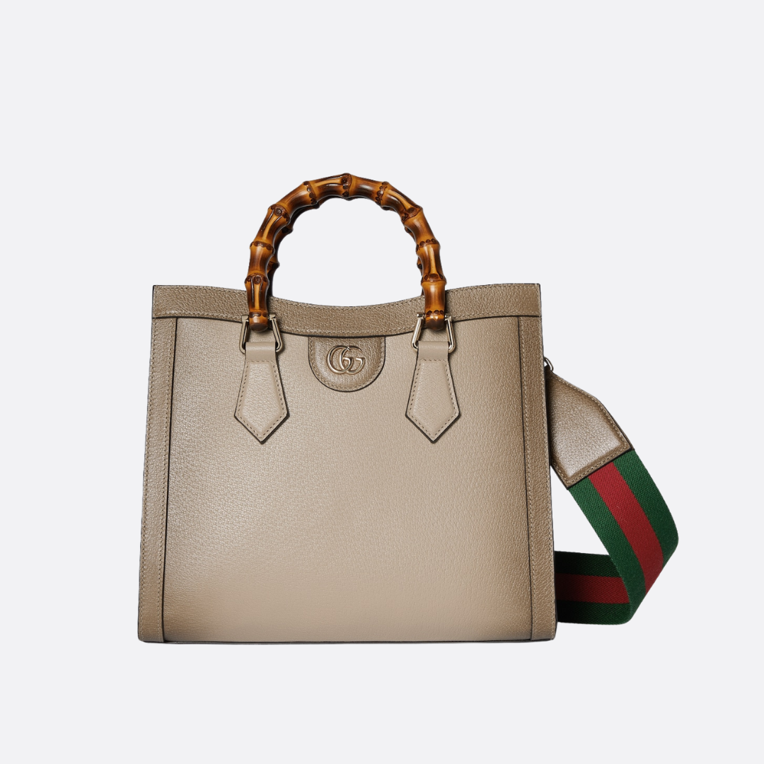 Tote Bag in Taupe Grained Leather with Bamboo Handles, image 10
