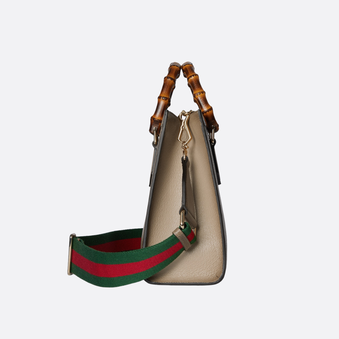 Tote Bag in Taupe Grained Leather with Bamboo Handles, image 11