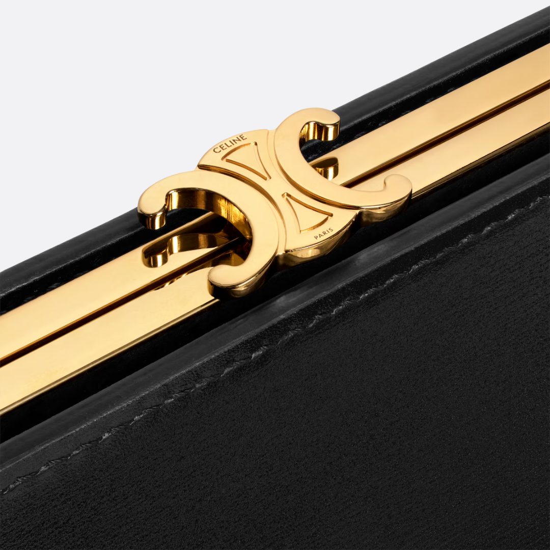Top Handle Bag in Black Satin Finish with Gold Frame Clasp, image 3