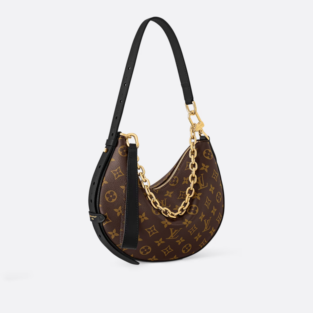 Crescent Shoulder Bag in Brown Printed Canvas with Gold Chain, image 9