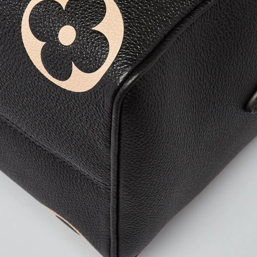 Top Handle Bag in Black Grained Leather with Beige Floral Print, image 8