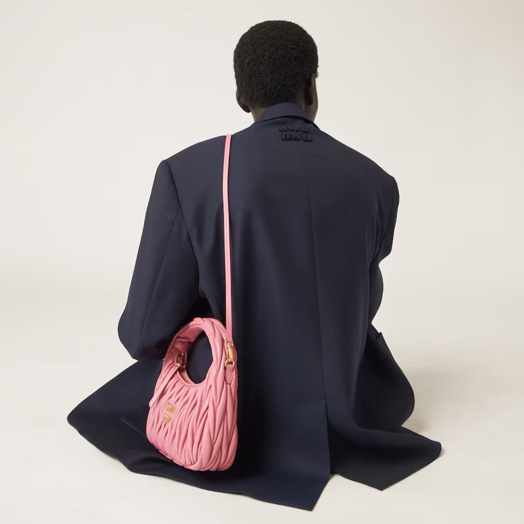 Mini Hobo Bag in Pink Ruched Nappa Leather with Zip Top, image 3