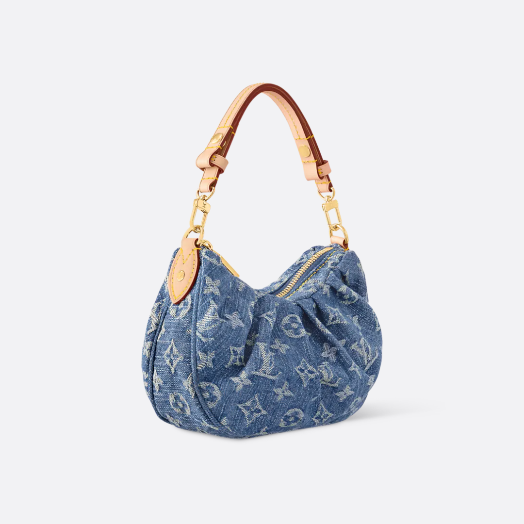 Gathered Hobo Bag in Blue Washed Denim with Gold Zip, image 3