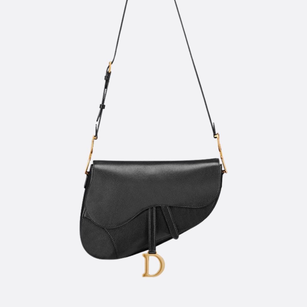Saddle Shoulder Bag in Black Grained Leather with Flap, image 8