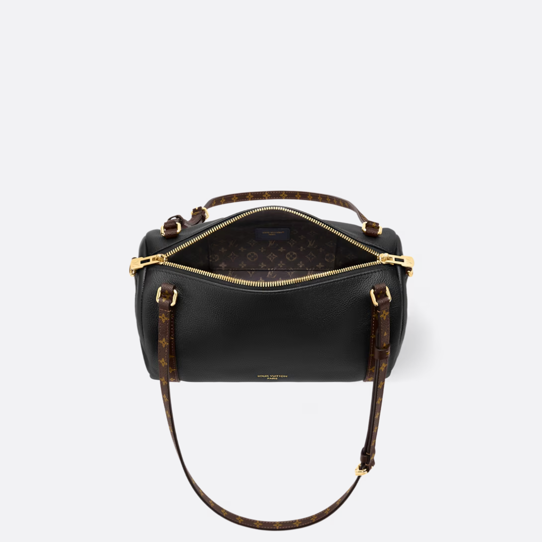 Shoulder Bag in Grained Leather with Printed Canvas Straps, image 9