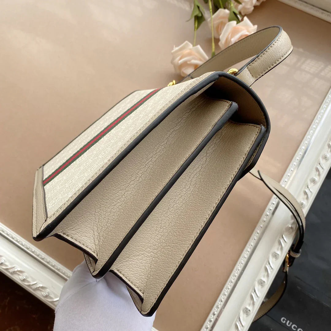 Top Handle Bag in Cream Coated Canvas with Striped Trim, image 4