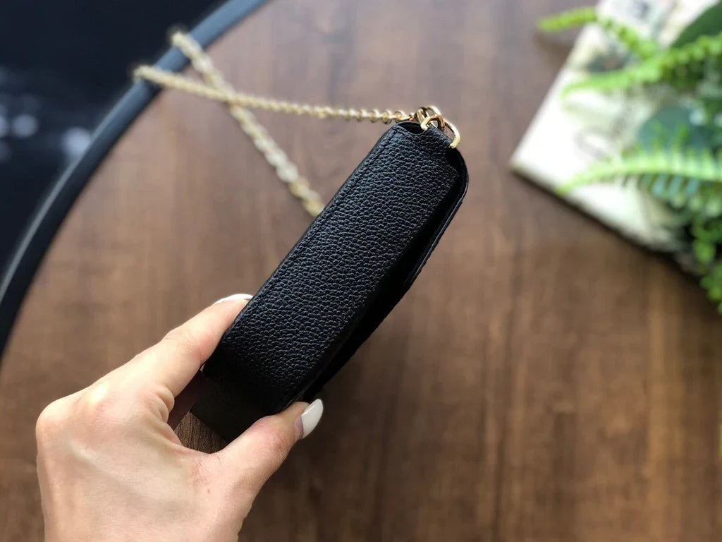 Flat Crossbody Clutch in Black Embossed Leather with Gold Chain, image 7